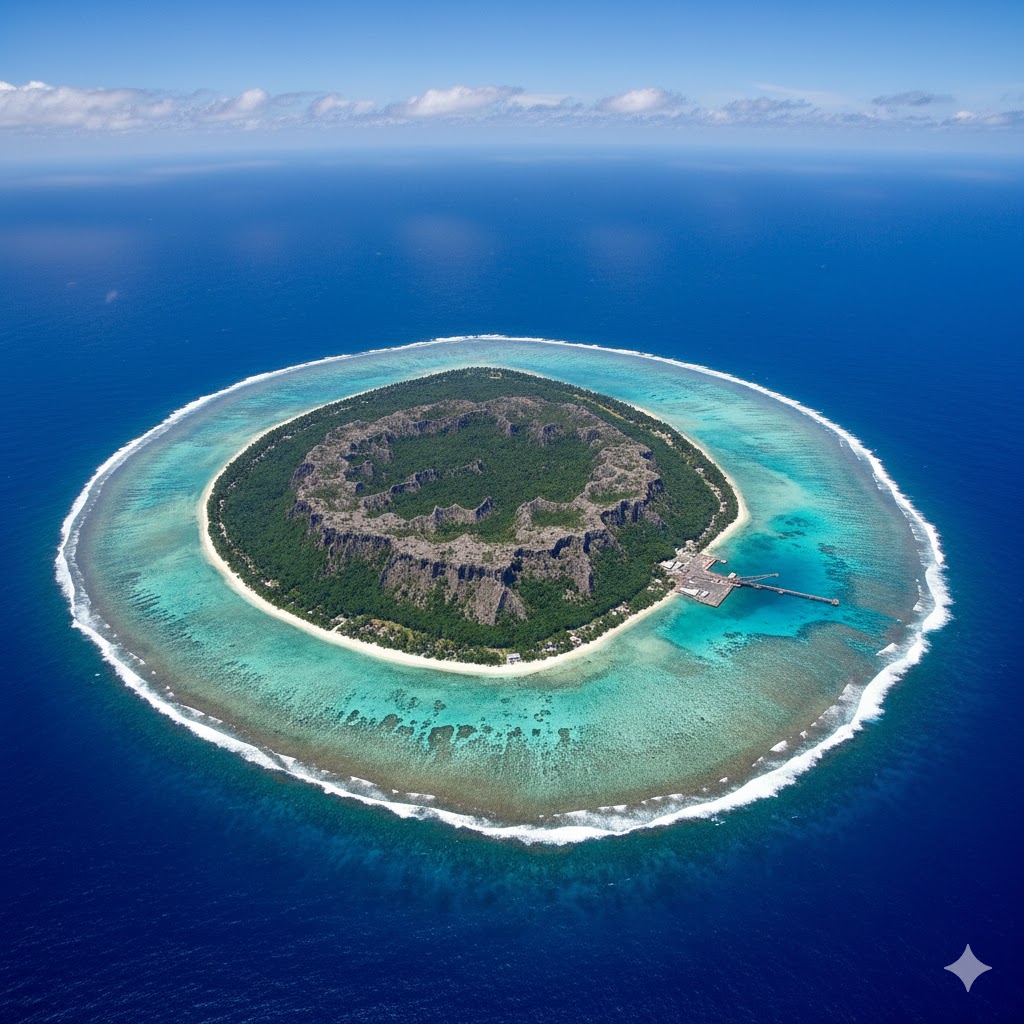 Aerial photo of Nauru island ringed by turquoise coral reefs