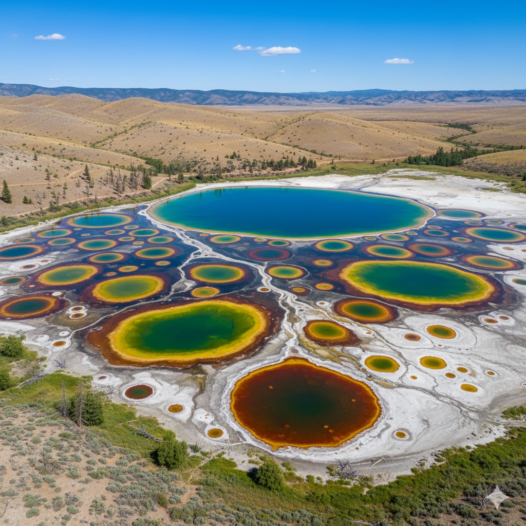 Aerial shot of Spotted Lake’s colorful mineral circles in summer sunlight. Aerial shot of Spotted Lake’s colorful mineral circles in summer sunlight.