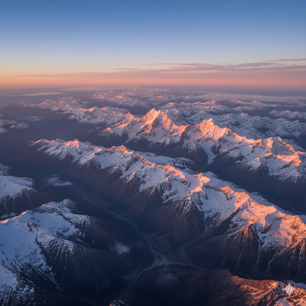 aerial shot of snow-capped mountain peaks glowing at sunrise