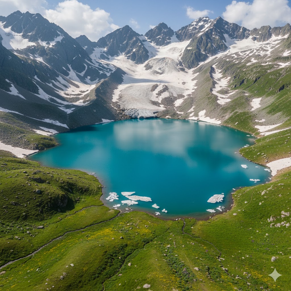 Aerial shot of turquoise Ratti Gali Lake surrounded by glacier fields and alpine meadows