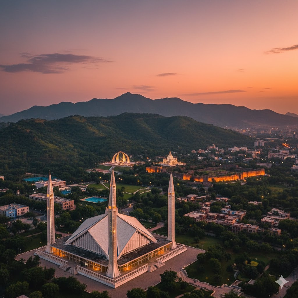 Aerial sunset view of Islamabad showing Faisal Mosque, Margalla Hills, and heritage landmarks in harmony