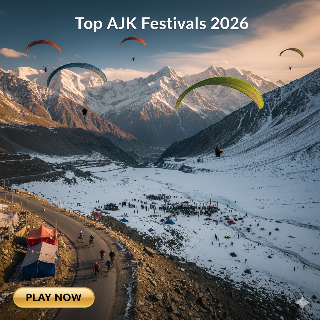 Aerial view of AJK mountains during festival season with cyclists, paragliders, and snow valleys