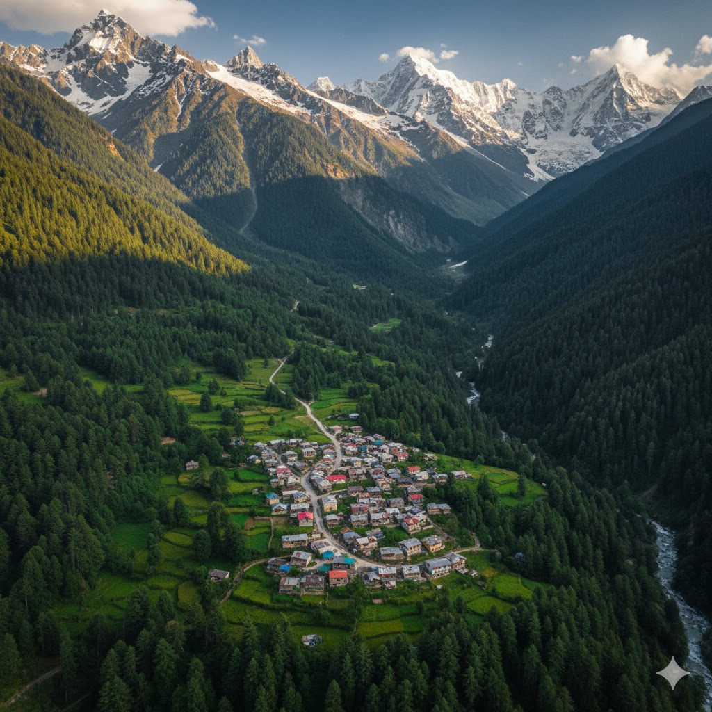 Aerial view of Arrang Kel village surrounded by lush green valley and snow-capped mountains