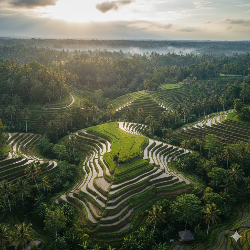 Aerial view of Bali rice terraces surrounded by tropical jungle