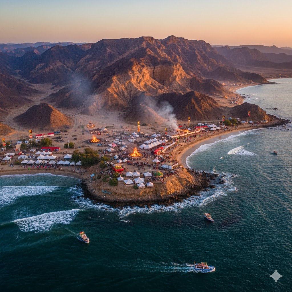 Aerial view of Balochistan coastline and mountains during festival season