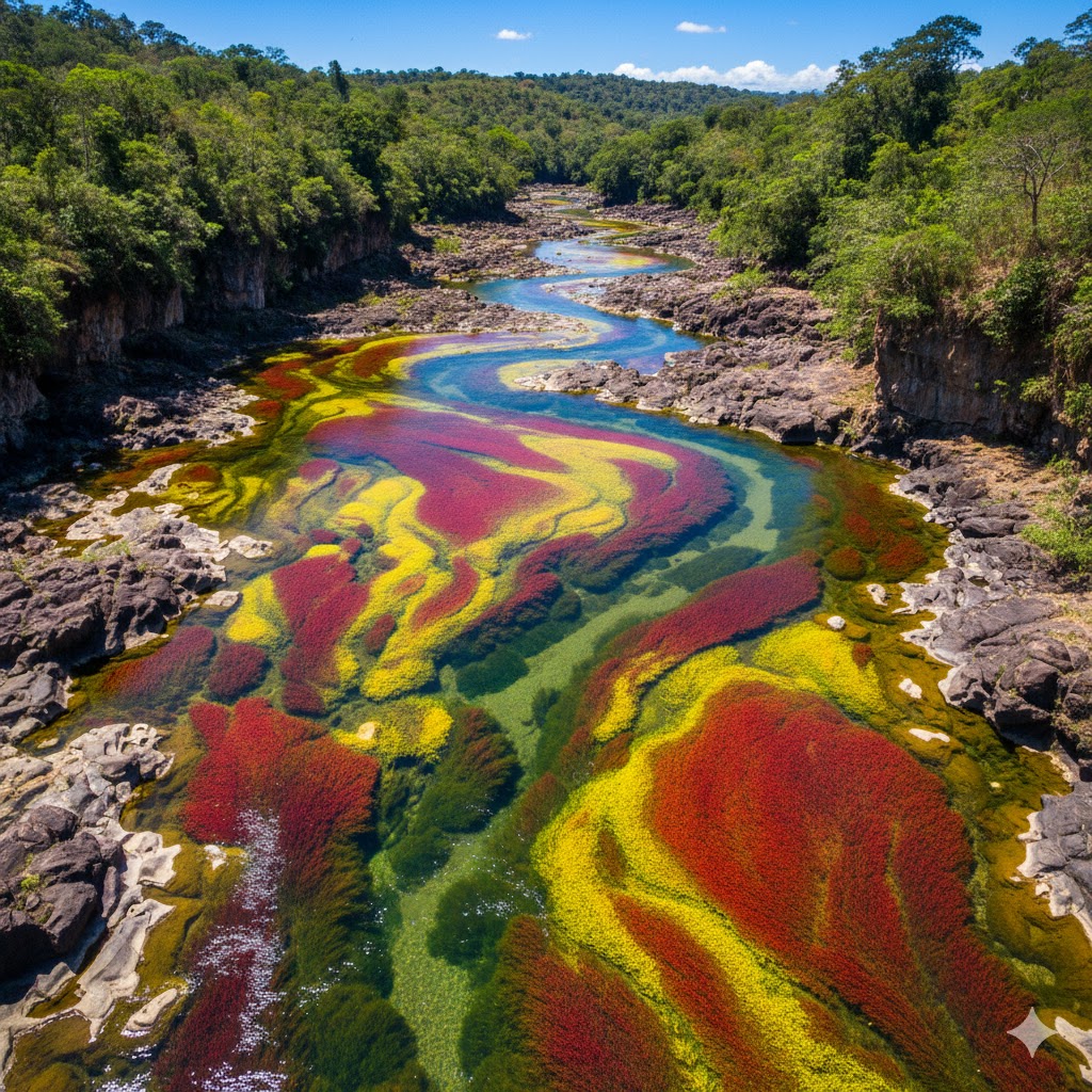Aerial view of Colombia’s rainbow river with vibrant red and yellow aquatic plants glowing under sunlight.