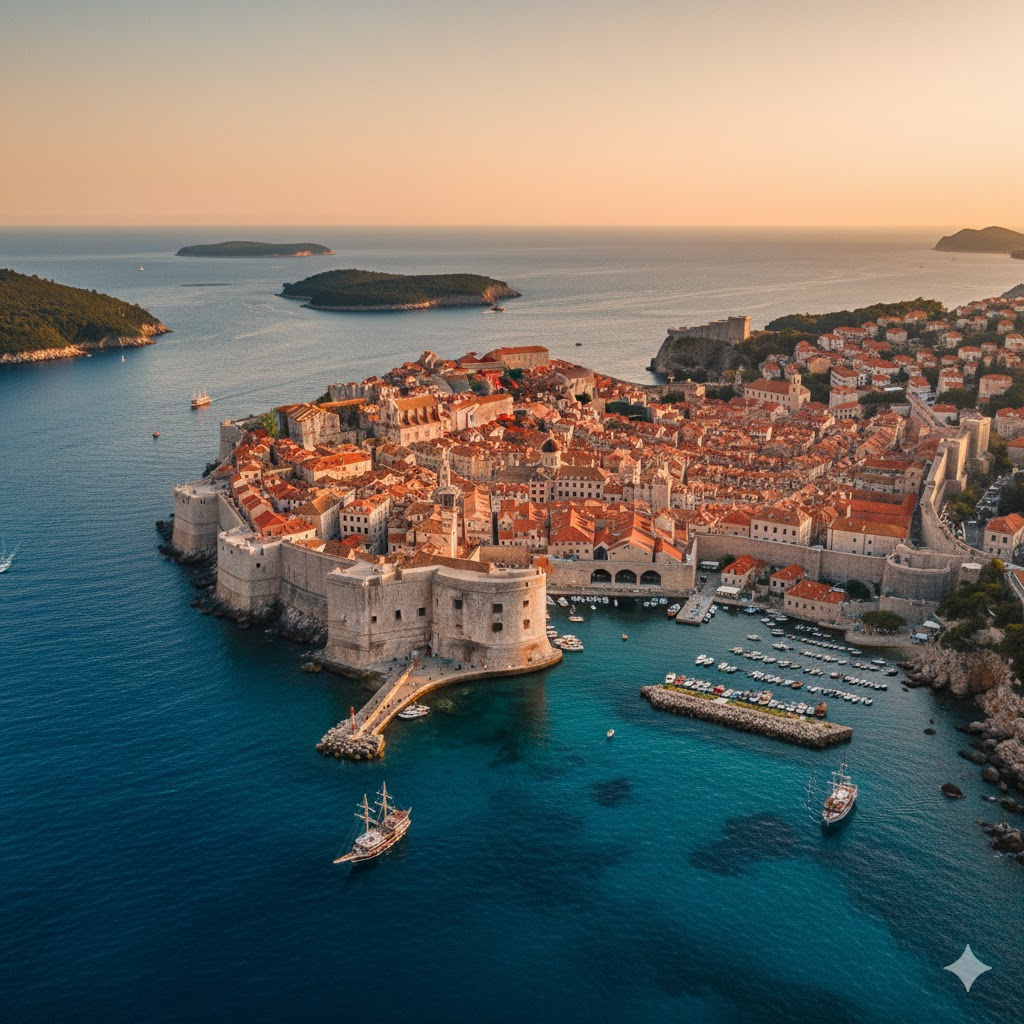 Aerial view of Dubrovnik’s walled old town on the Adriatic Sea