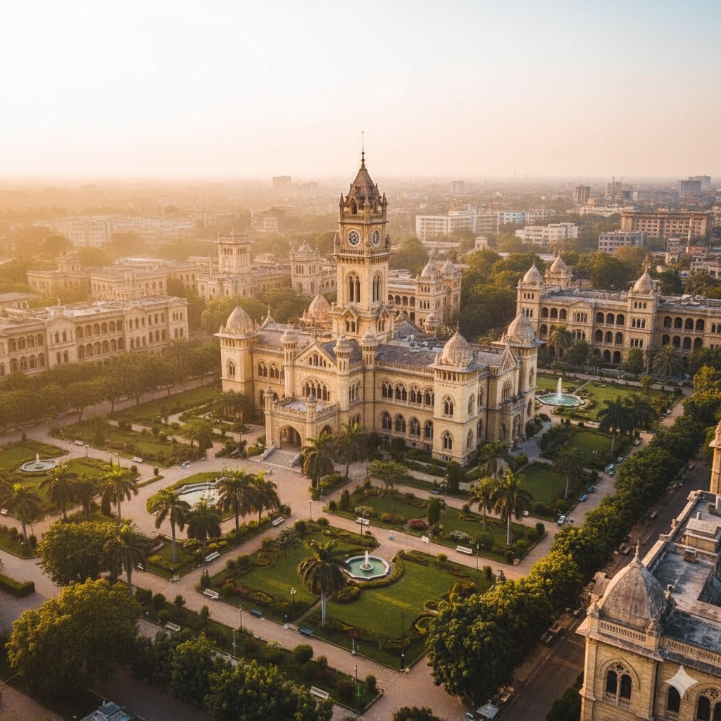Aerial view of Frere Hall surrounded by gardens and colonial buildings in Karachi
