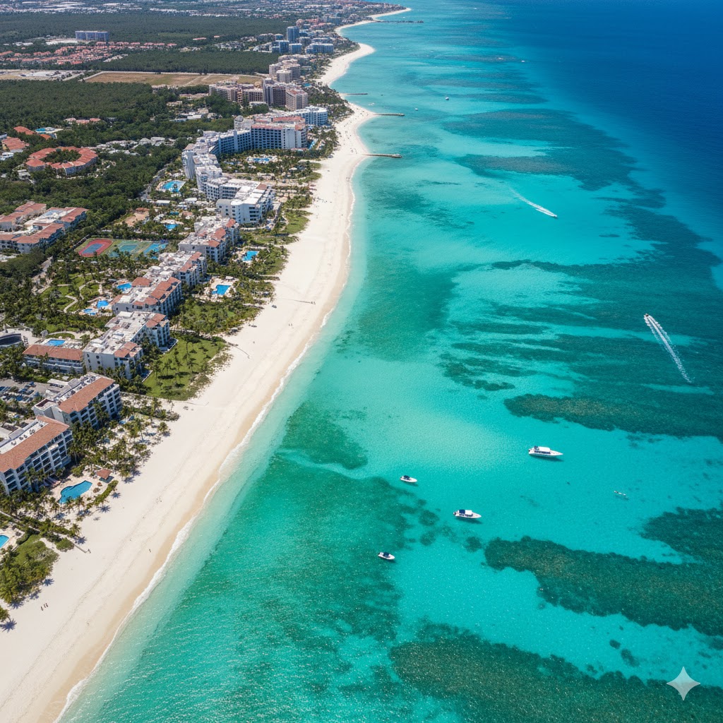 Aerial view of Grace Bay Beach with turquoise waters and resorts, Turks and Caicos
