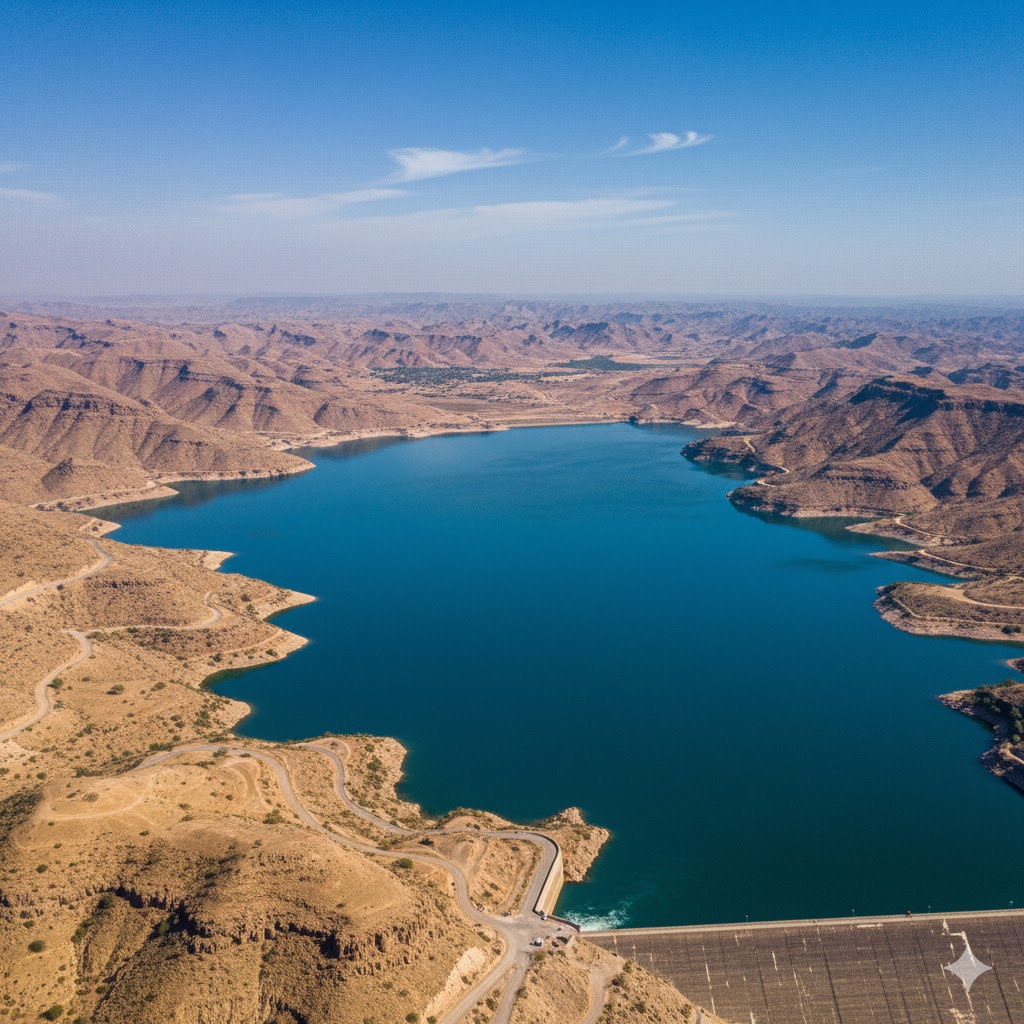 Aerial view of Hub Dam showing clear blue water surrounded by rugged hills near Karachi.