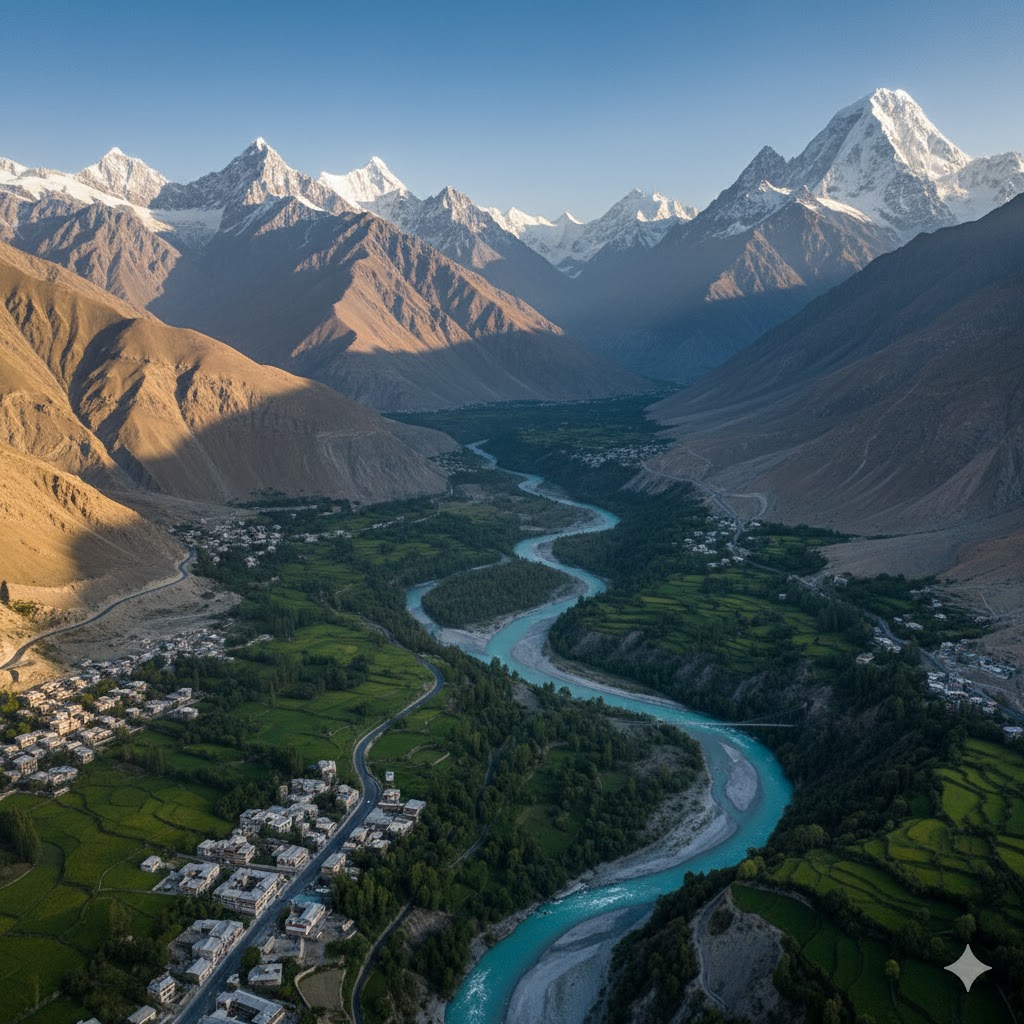 Aerial view of Hunza Valley with snow-capped peaks and turquoise rivers