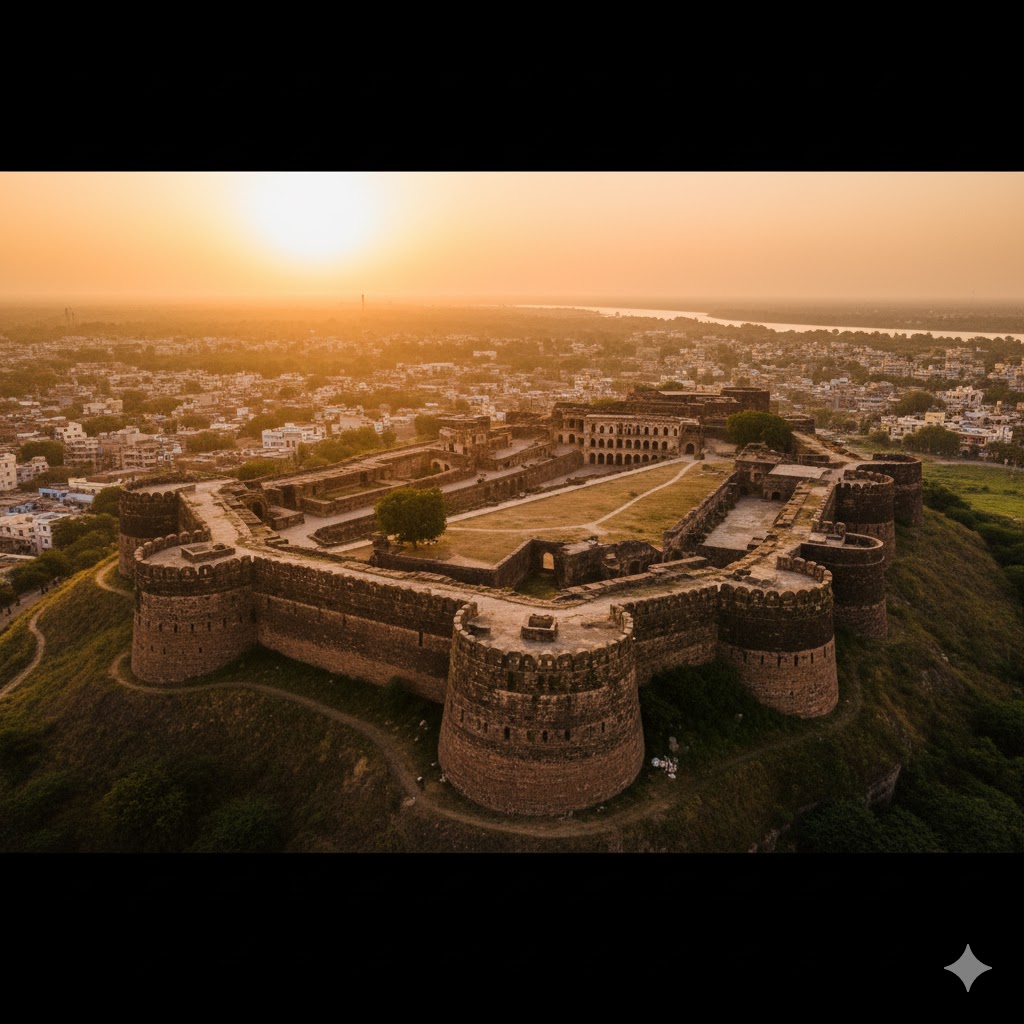 Aerial view of Hyderabad Fort ruins under a warm Sindhi sunset.
