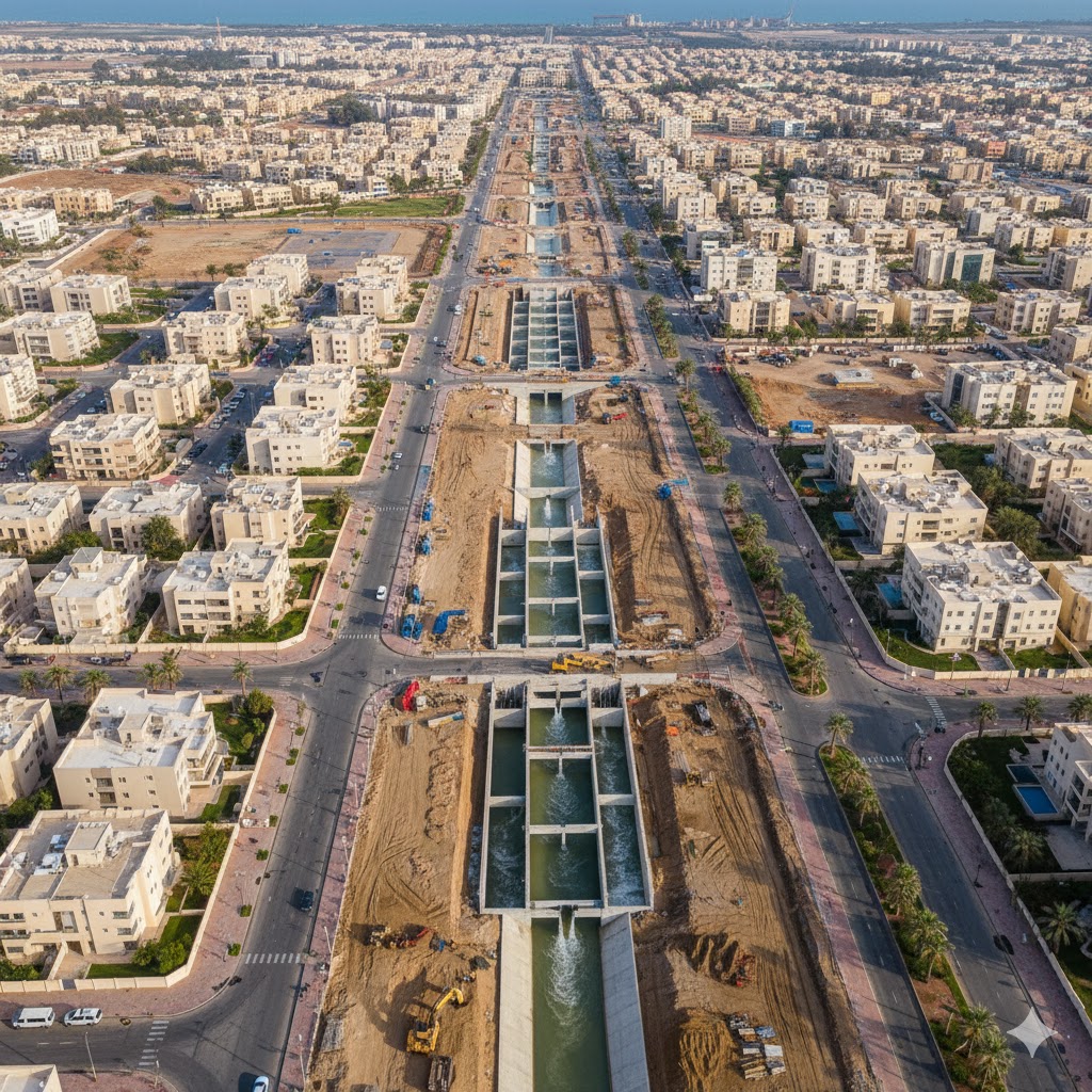Aerial view of Jeddah’s Al Hamdaniya neighborhood showcasing new drainage channels and stormwater system.