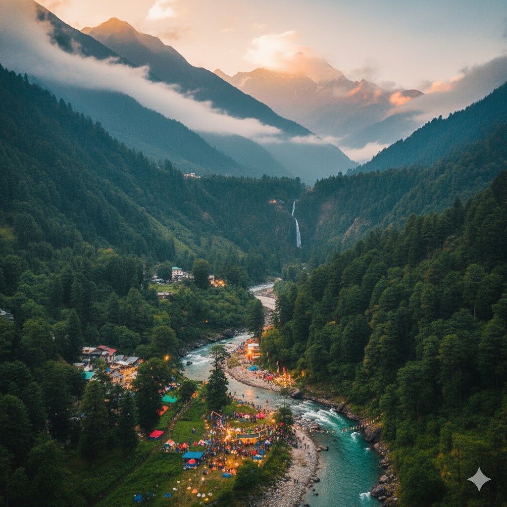 Aerial view of Kasol village and Parvati River surrounded by green mountains during Freedom Festival