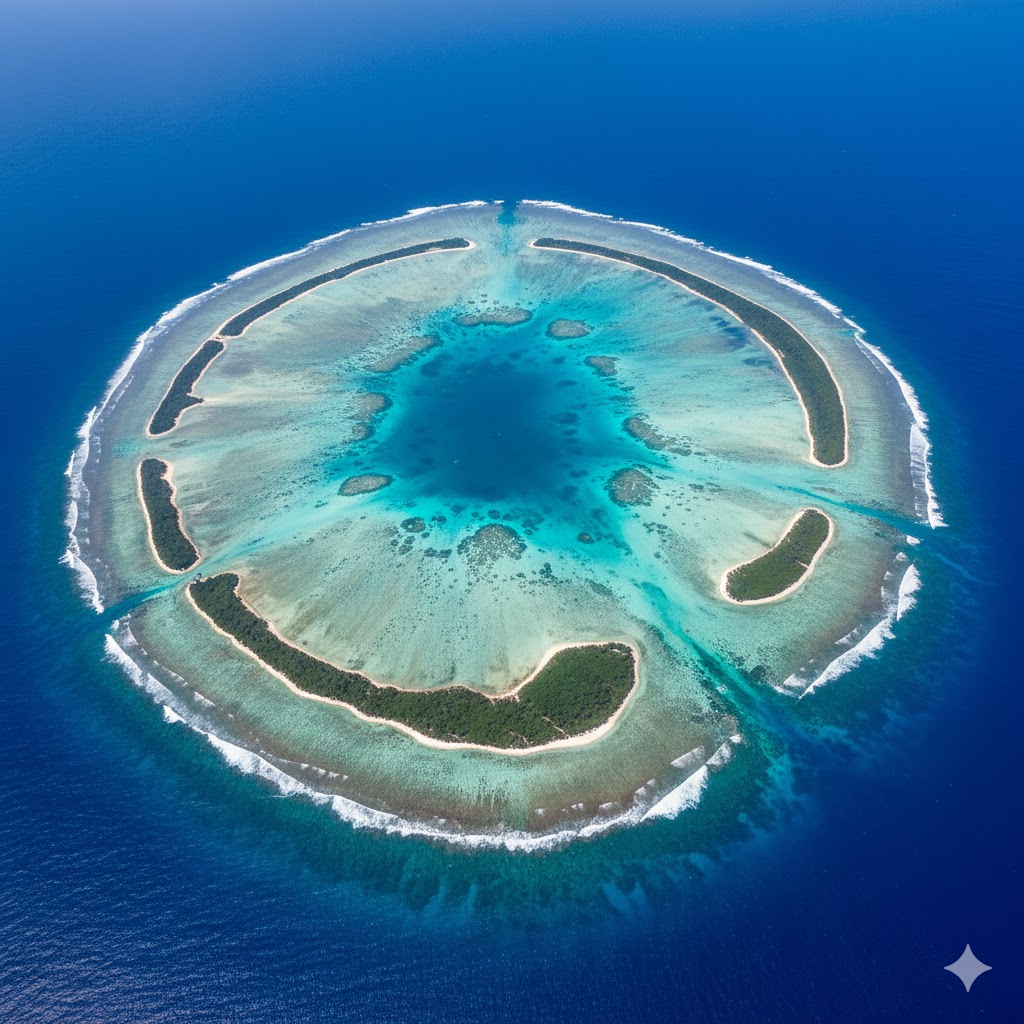 Aerial view of Kwajalein Atoll’s turquoise lagoon and ringed coral islands from above. Aerial view of Kwajalein Atoll’s turquoise lagoon and ringed coral islands from above.