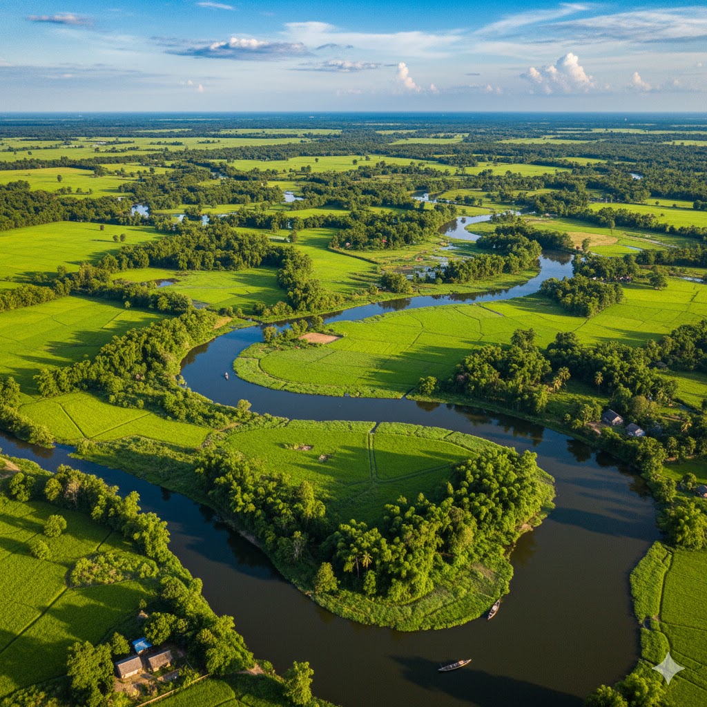 Aerial view of Majuli’s green paddy fields and river channels weaving around the island in Assam. Aerial view of Majuli’s green paddy fields and river channels weaving around the island in Assam.