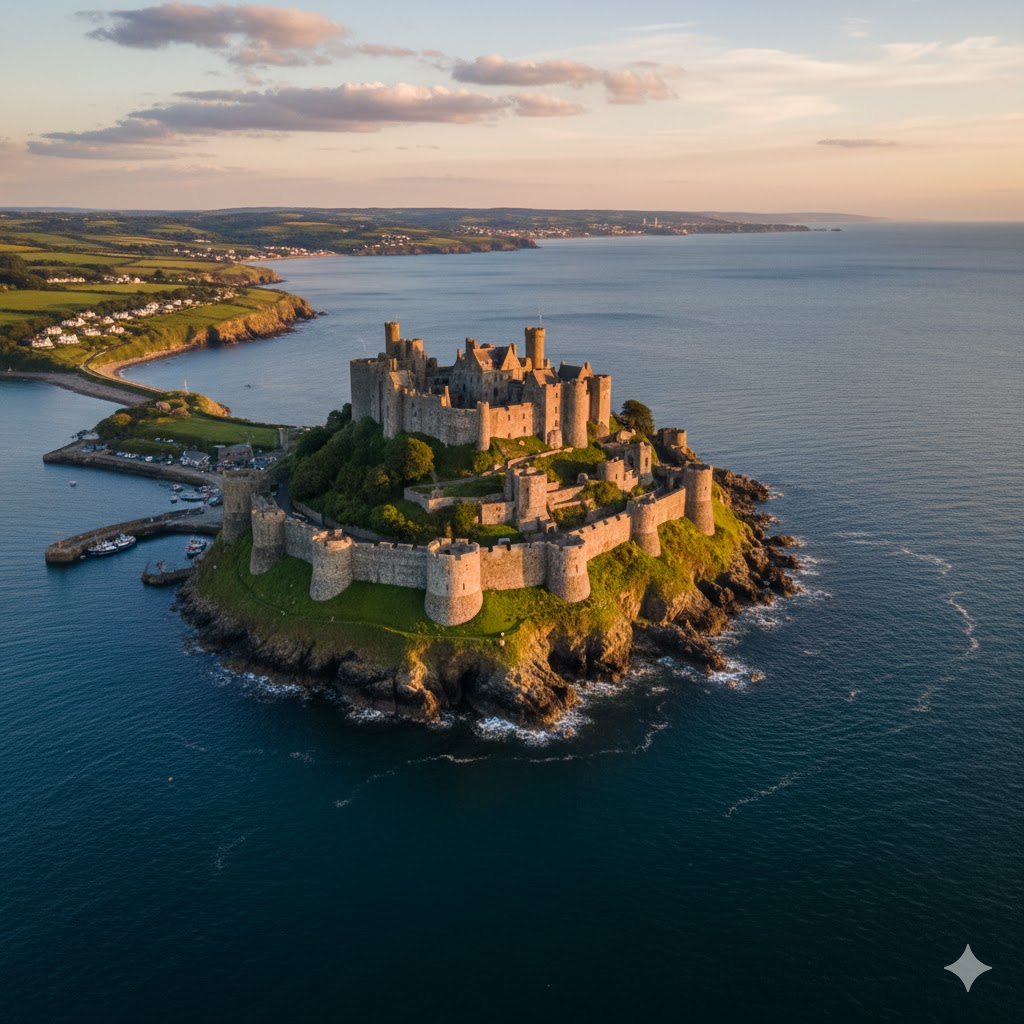 Aerial view of Mont Orgueil Castle overlooking the sea, Jersey