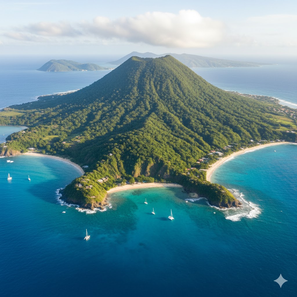 Aerial view of Nevis Peak and turquoise coastline, Saint Kitts and Nevis