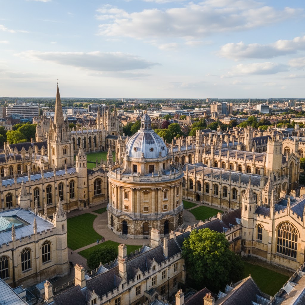 Aerial view of Oxford University skyline with Radcliffe Camera and historic colleges.
