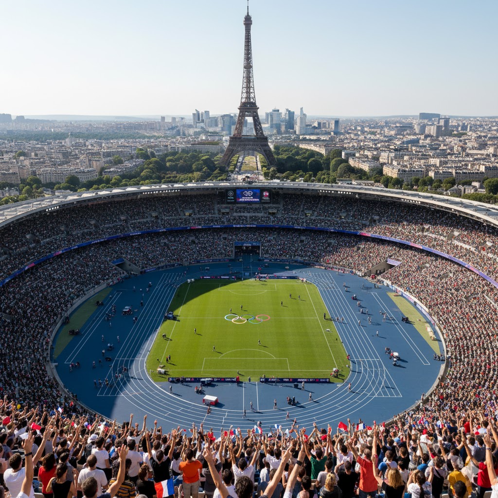 Aerial view of Paris Olympic Stadium with Eiffel Tower backdrop and crowd cheering during Summer Olympics 2026
