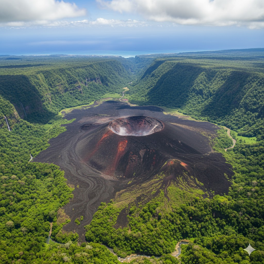 Aerial view of Piton de la Fournaise volcano crater surrounded by lush green valleys, Réunion