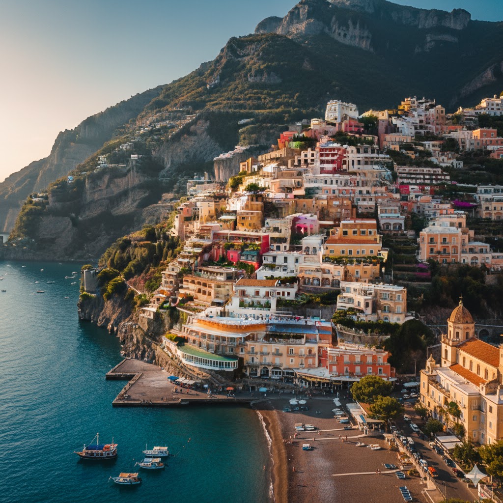 Aerial view of Positano’s colorful cliffside homes on the Amalfi Coast