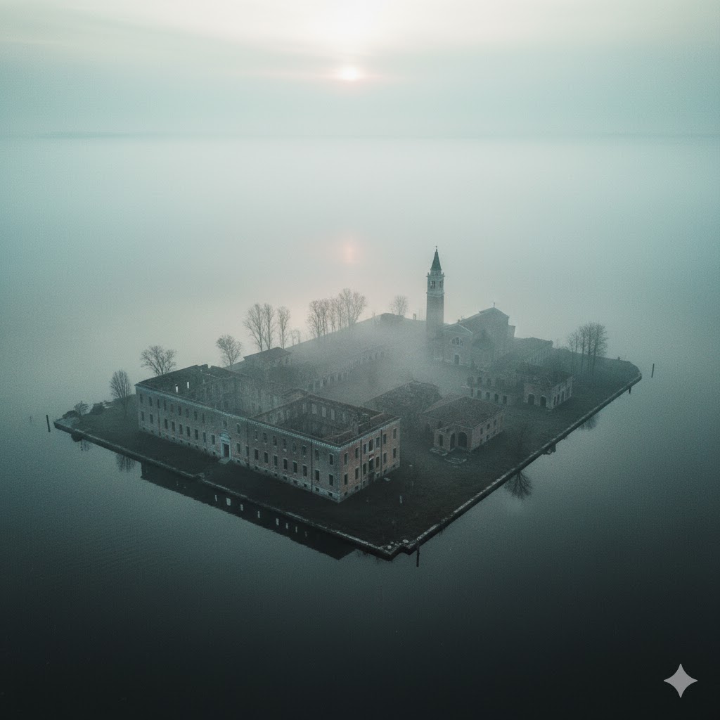 Aerial view of Poveglia Island surrounded by mist in the Venetian Lagoon.