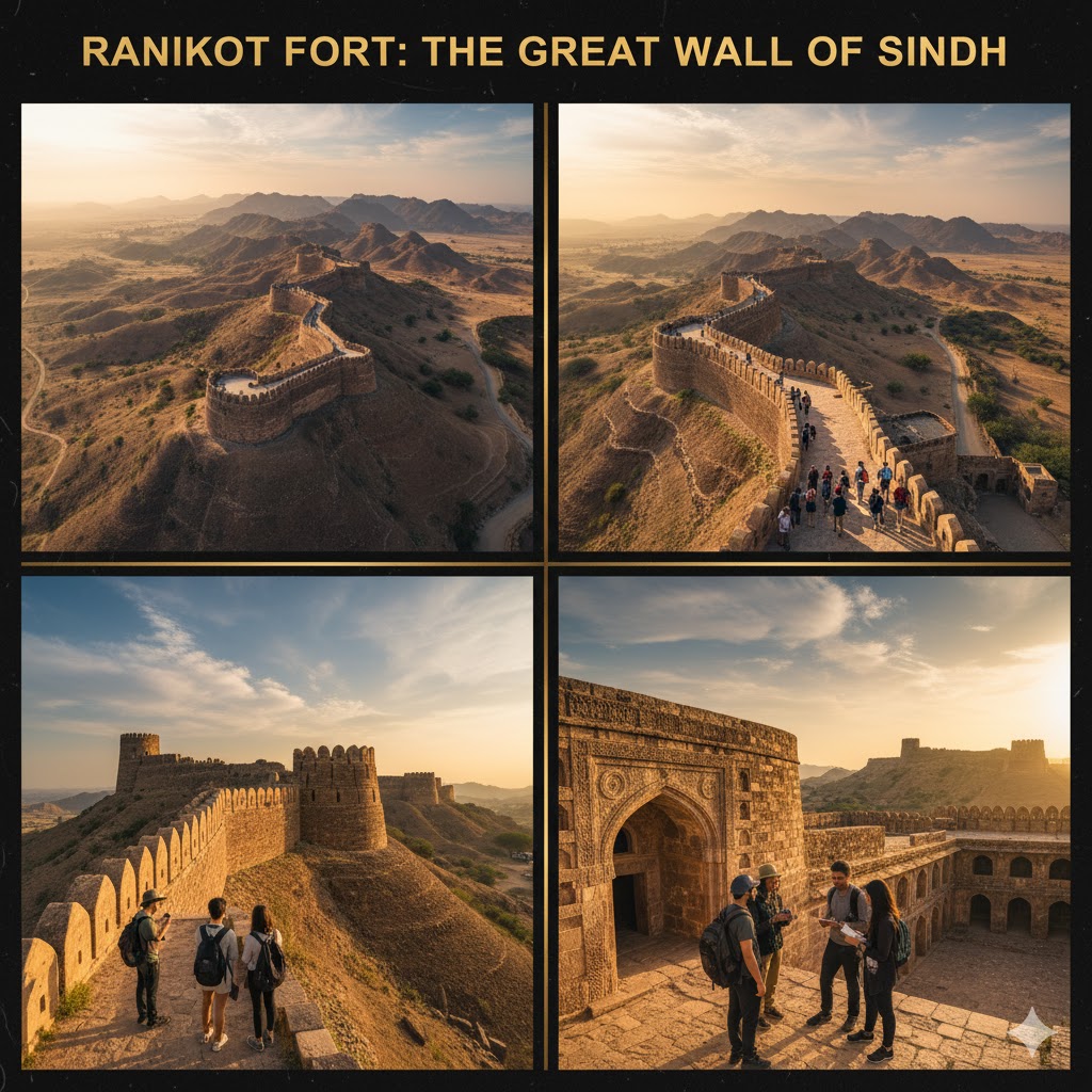 Aerial view of Ranikot Fort walls stretching across desert hills at sunrise