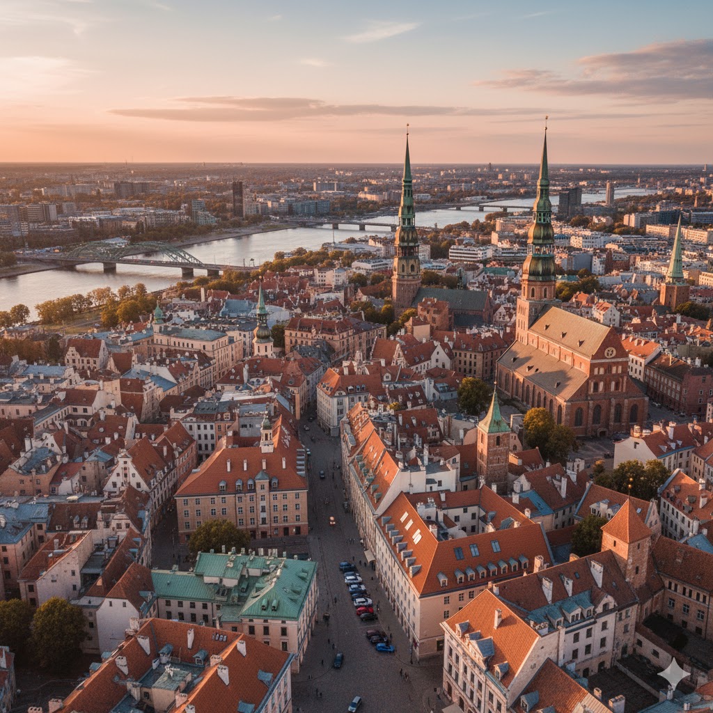 Aerial view of Riga’s old town with spires and cobblestone streets, Latvia