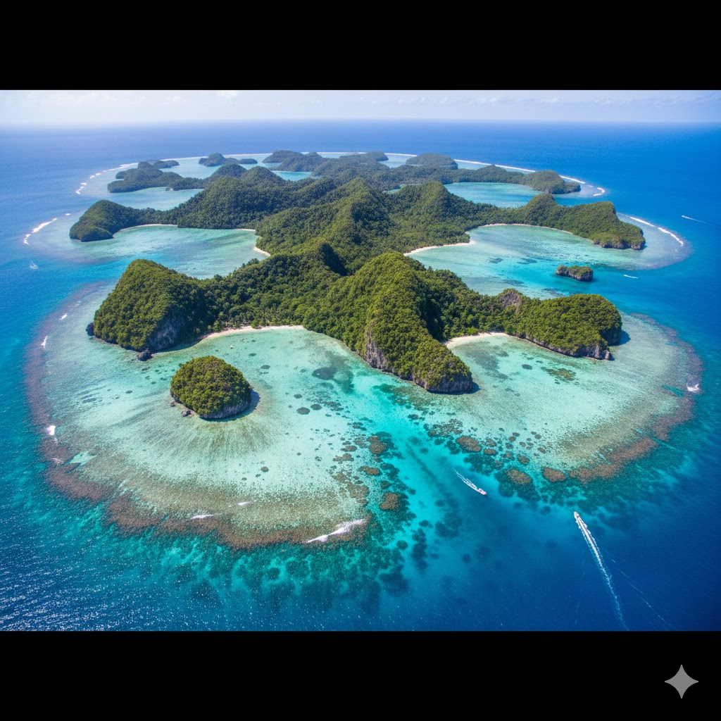 Aerial view of Rock Islands in clear blue waters, Palau