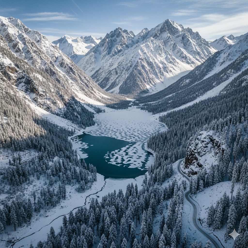 Aerial view of Shounter Lake surrounded by snow peaks in Neelum Valley