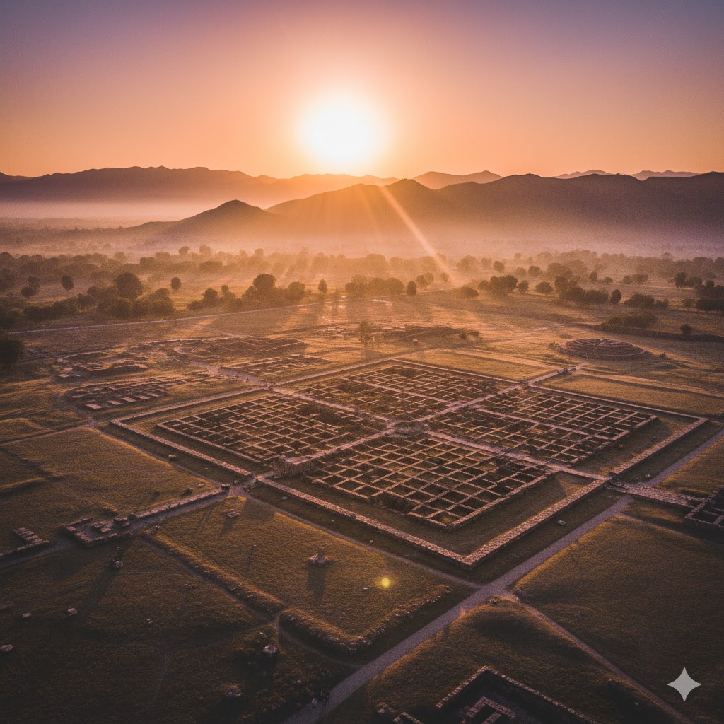 Aerial view of Taxila ruins under golden sunset, Pakistan