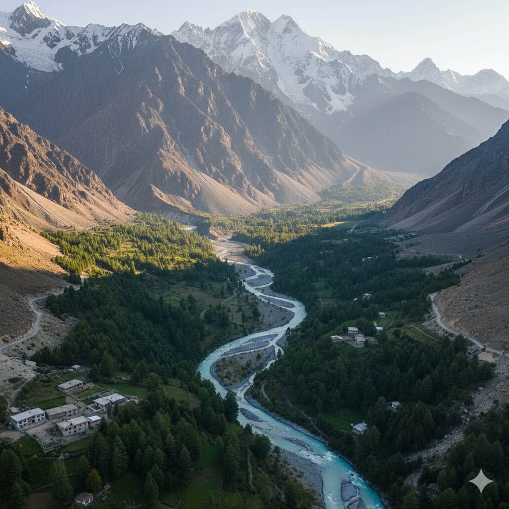 Aerial view of a remote Gilgit Baltistan valley with mountains and rivers