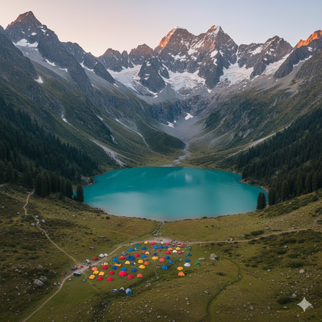 Aerial view of colorful tents beside turquoise alpine lake in northern Pakistan surrounded by peaks