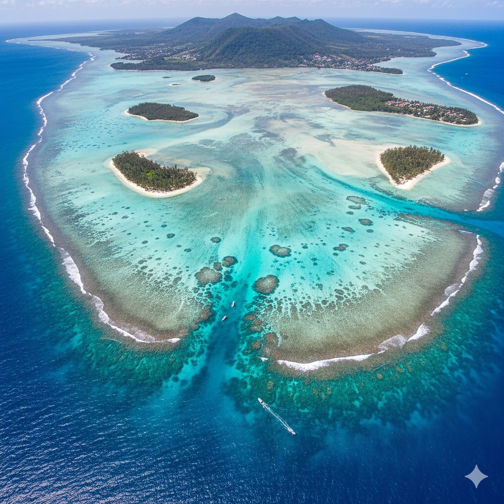 Aerial view of coral lagoon and beaches at Mayotte Island