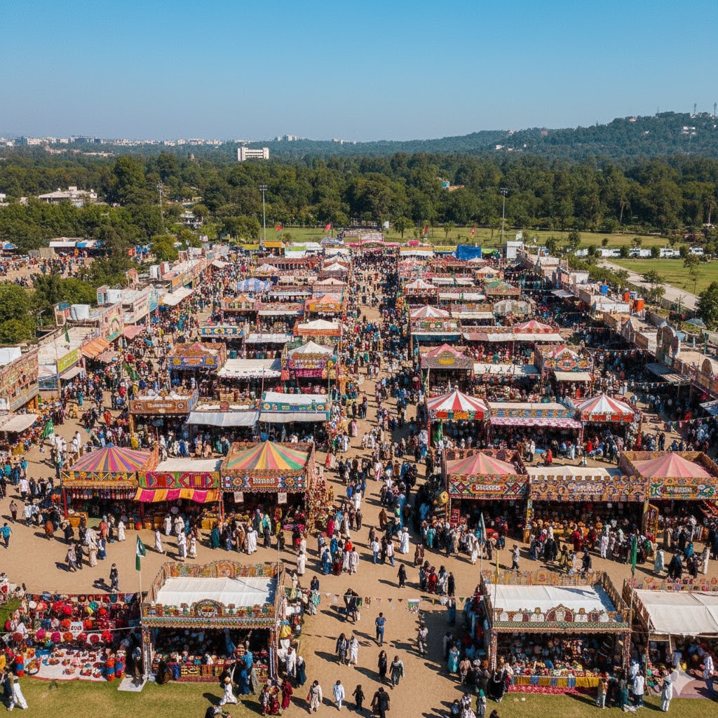 Aerial view of regional pavilions at Lok Virsa Mela Islamabad 2025 showcasing colorful crafts and crowds moving between stalls. Aerial view of regional pavilions at Lok Virsa Mela Islamabad 2025 showcasing colorful crafts and crowds moving between stalls.
