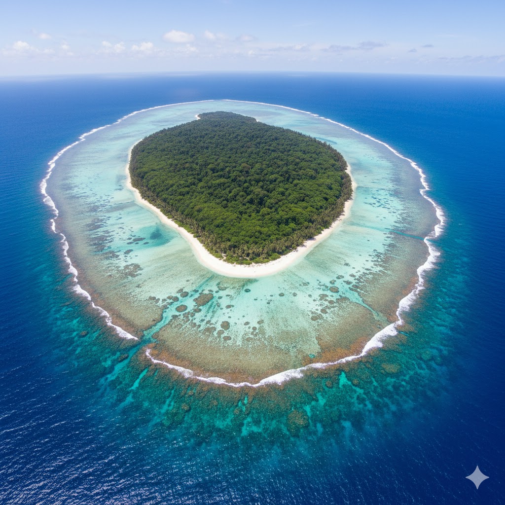 aerial view of a remote tropical island, complete with deep blue ocean and vibrant coral reefs: