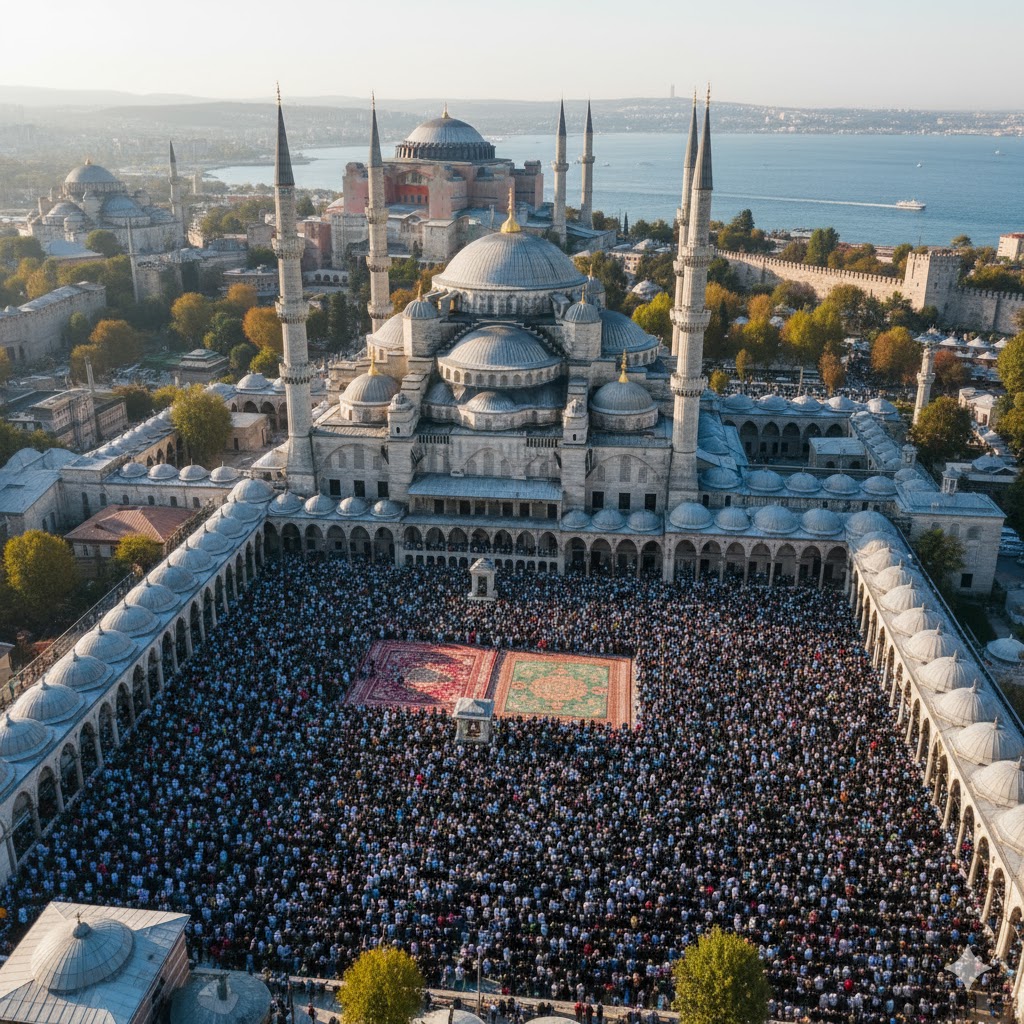 Aerial view of thousands gathered at Istanbul’s Blue Mosque for Eid prayers