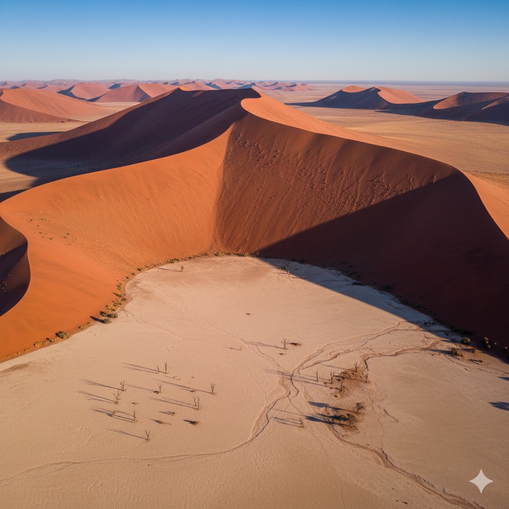 Aerial view of towering red dunes and white salt pan at Sossusvlei, Namibia