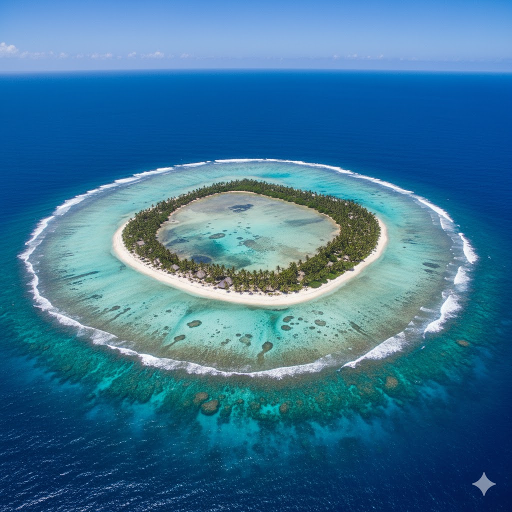 Aerial view of turquoise lagoon and white sand atoll, Marshall Islands