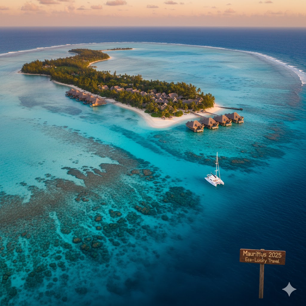 Aerial view turquoise lagoon Mauritius 2025 eco luxury travel