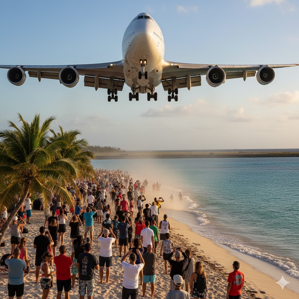 Airplane flying low over tourists on Maho Beach, Sint Maarten
