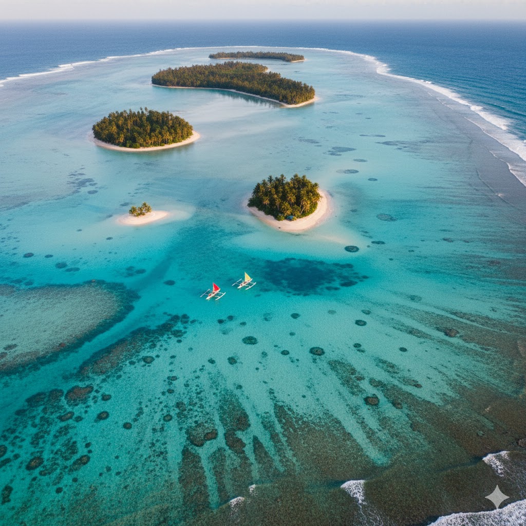 Aitutaki Lagoon aerial view with turquoise water