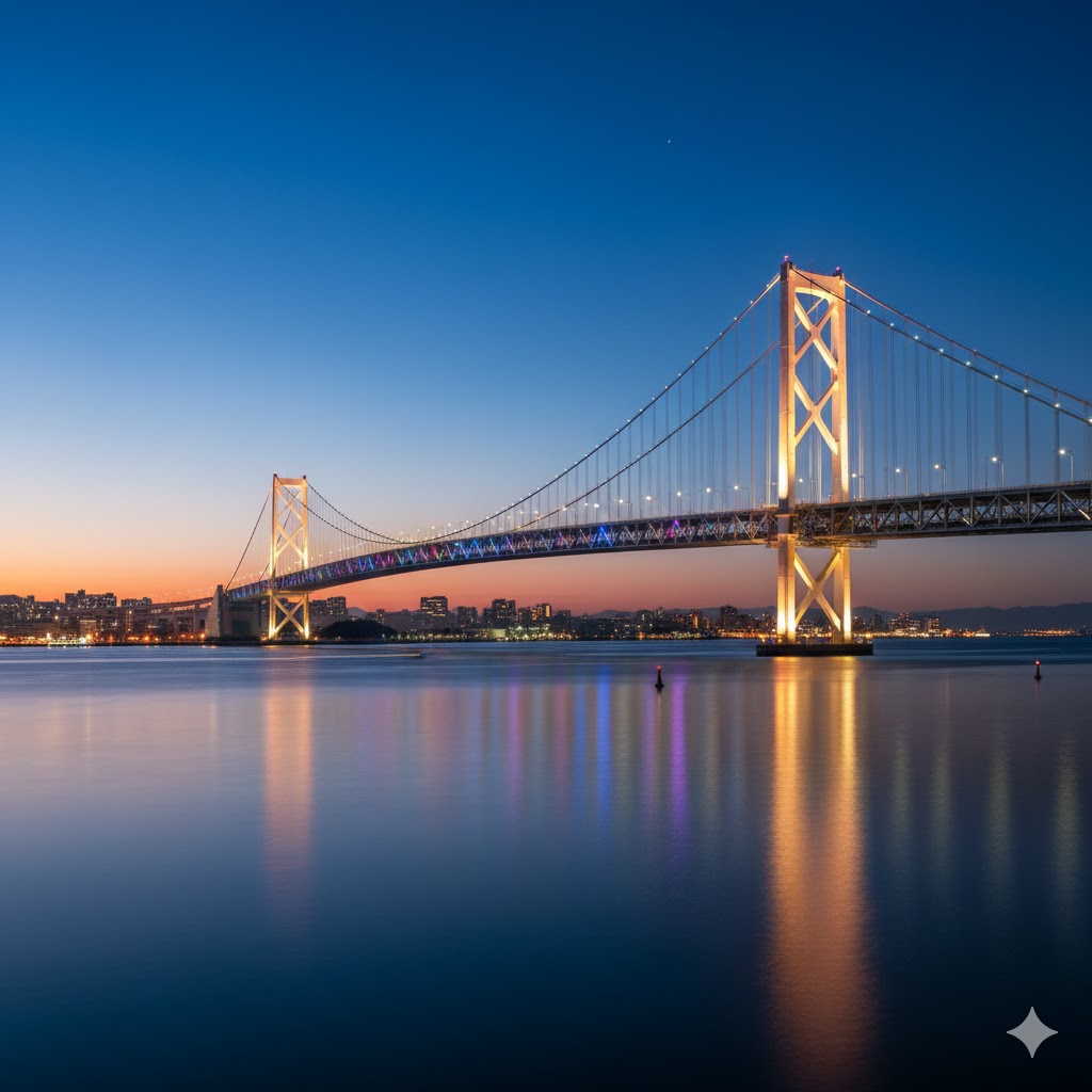 Akashi Kaikyō Bridge lit at dusk with its long central span stretching across the strait. Akashi Kaikyō Bridge lit at dusk with its long central span stretching across the strait.