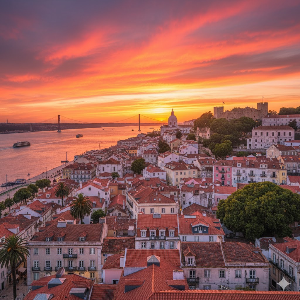 Alfama rooftops and Tagus River under sunset sky, Lisbon, Portugal