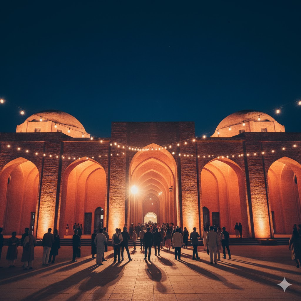 Alhamra Art Center Lahore exterior view with visitors entering for art exhibition under red-brick architecture.