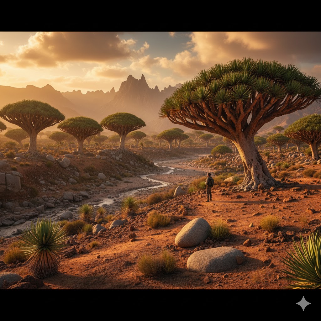 Alien-looking landscape with dragon’s blood trees on Socotra Island, Yemen. 