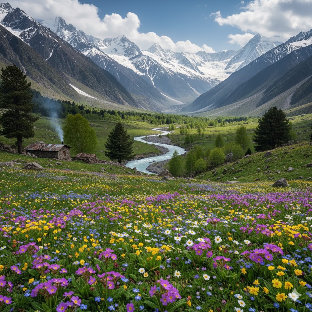 Alpine valley in Gilgit Baltistan in spring with blooming wildflowers