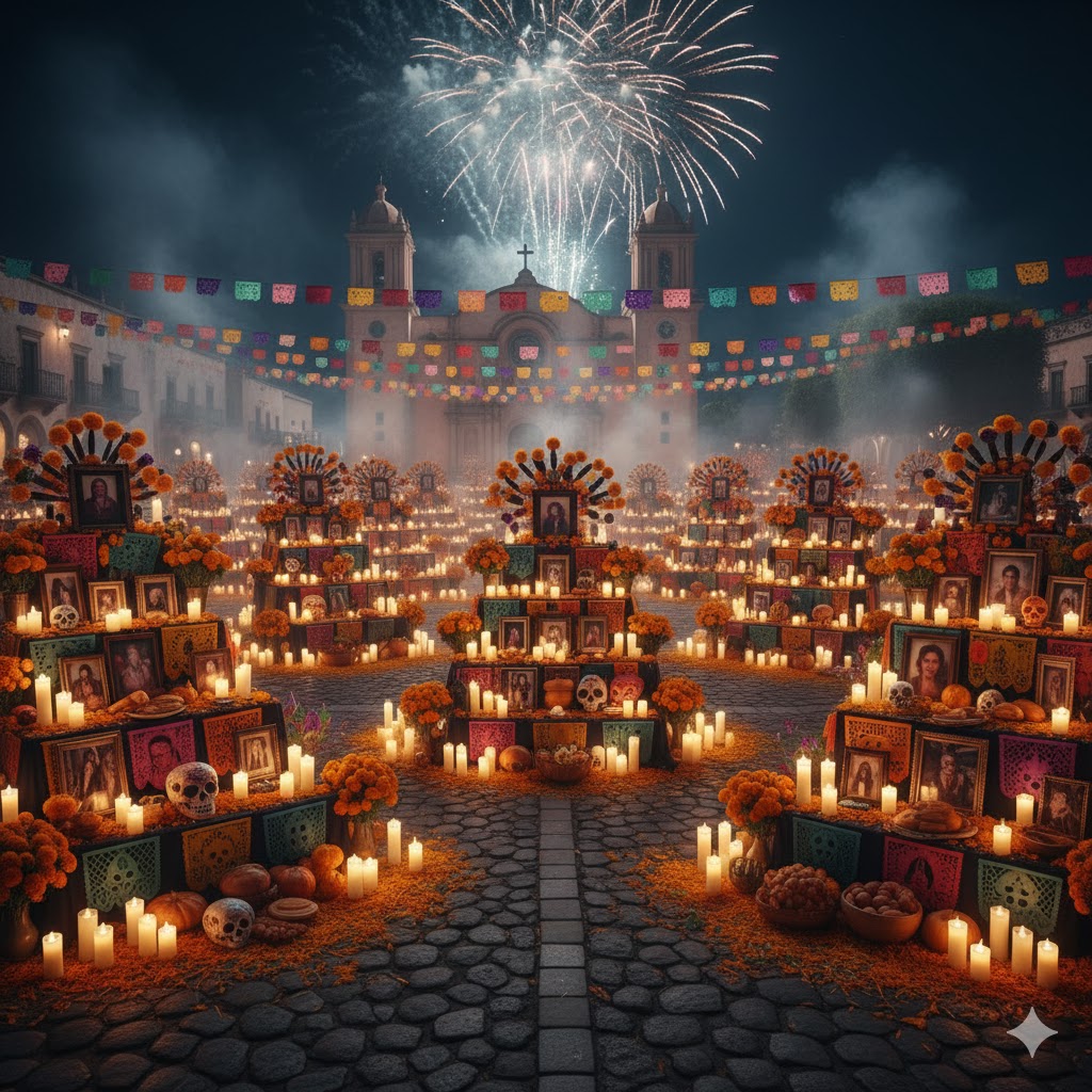 Altars with marigolds and candles during Day of the Dead Mexico 2026 celebration