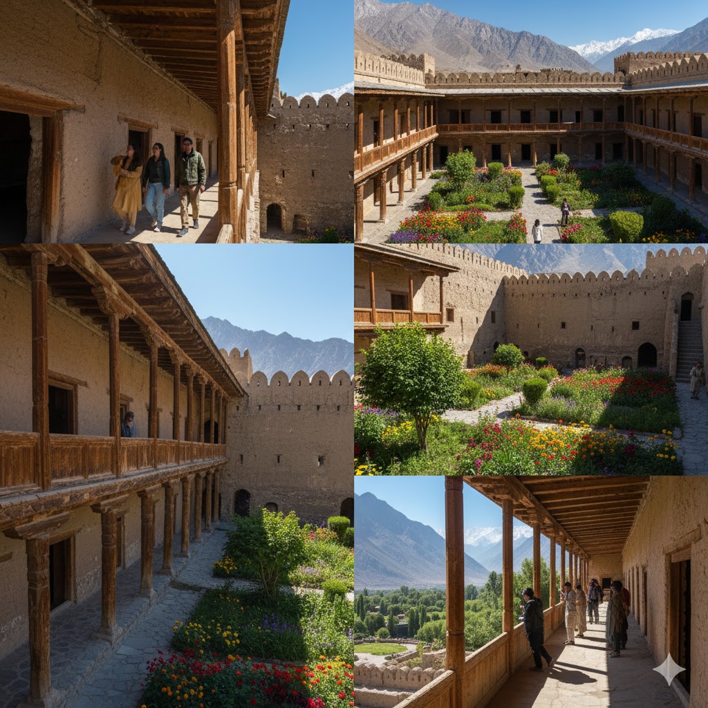 Altit Fort with visitors walking along wooden balcony and flower garden below